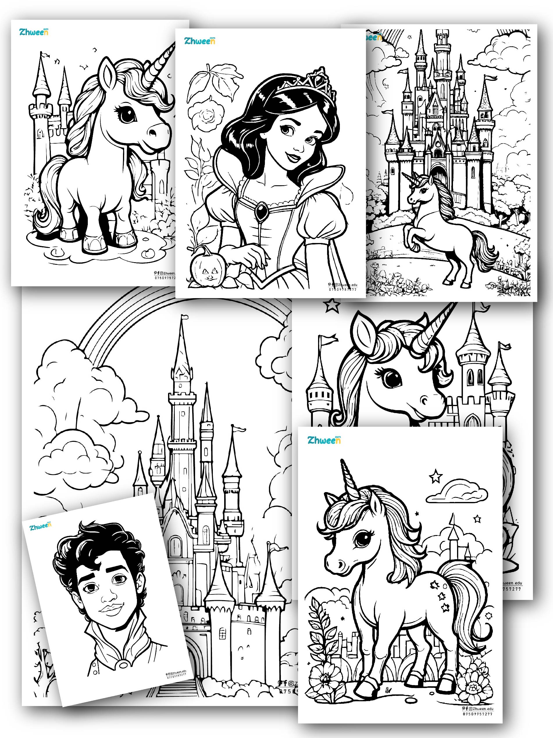 coloring unicorn, princess and prince